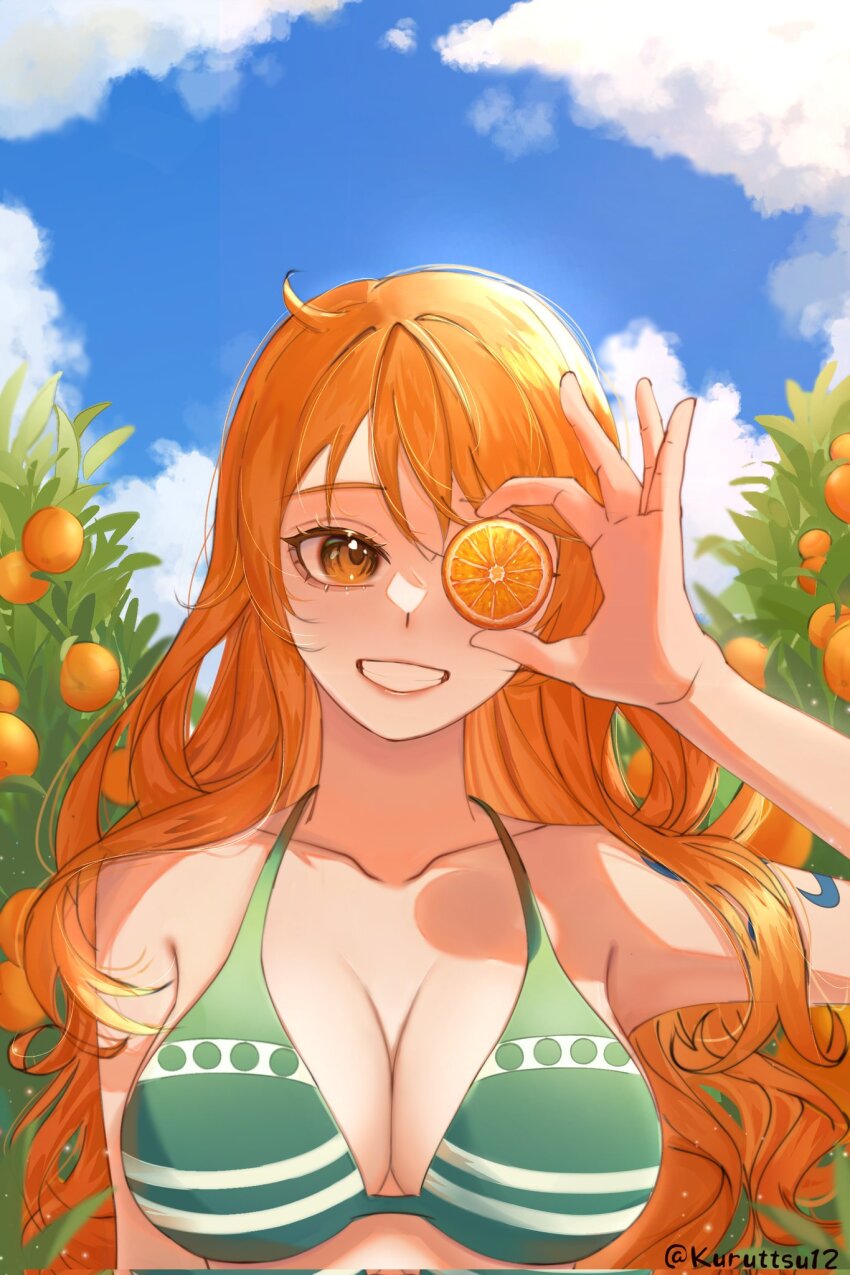 1girl arm_tattoo artist_name bare_shoulders bikini bikini_top_only breasts cleavage clenched_teeth cloud cloudy_sky corrupted_twitter_file food fruit green_bikini haruse_(kichiroharuse) highres holding holding_food holding_fruit large_breasts long_hair mandarin_orange nami_(one_piece) nami_(one_piece)_(return_to_sabaody) one_eye_covered one_piece orange_eyes orange_hair orange_tree outdoors sky smile solo swimsuit tattoo teeth twitter_username