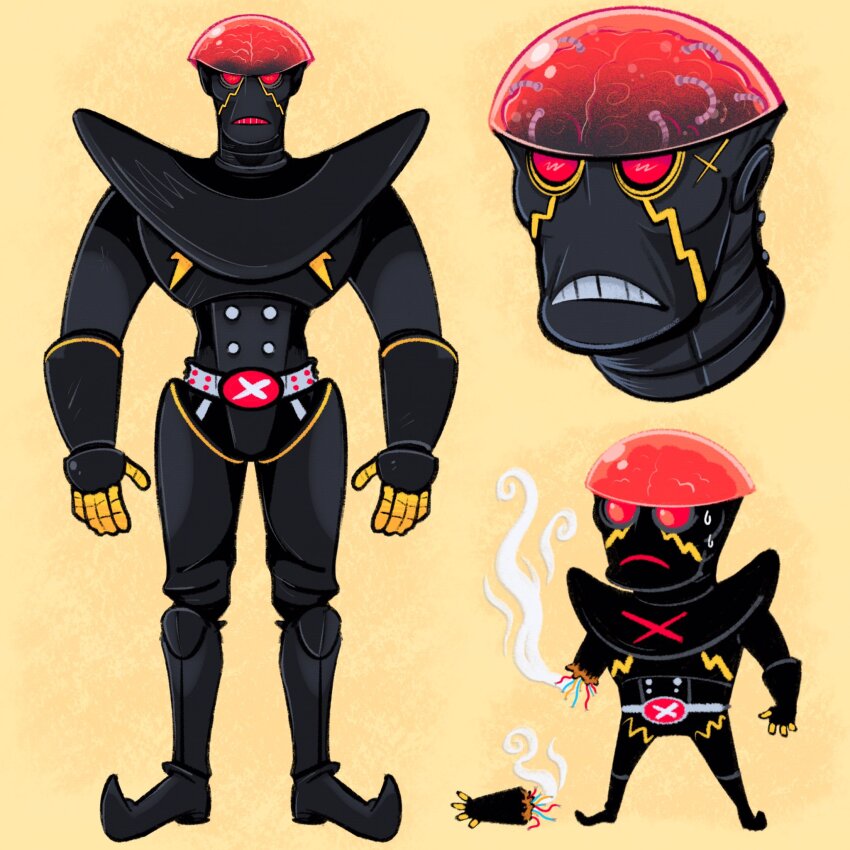 1boy belt boots brain commentary cyborg dome english_commentary exposed_brain glass glowing glowing_eyes hakaider highres jinzou_ningen_kikaider kikaider_(series) mechanical_arms mostlyghostly red_eyes robot simple_background single_mechanical_arm smoke smoke_trail sweat teeth toon_(style) wire