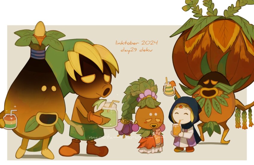 2024 2girls 3boys blonde_hair boots business_scrub chibi closed_eyes cup dated deku_king deku_link deku_princess deku_scrub dress drinking drinking_glass drinking_straw full_body highres holding hood jar juice_box leaf link maruta_maruta multiple_boys multiple_girls nintendo princess_zelda smile the_legend_of_zelda the_legend_of_zelda:_echoes_of_wisdom the_legend_of_zelda:_majora&#039;s_mask