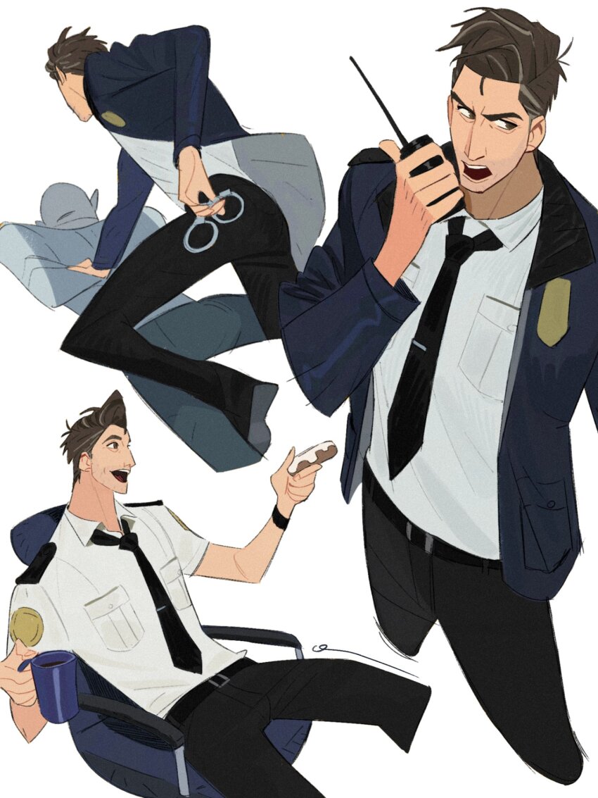 1boy 2boys alternate_universe arm_up belt belt_buckle black_belt black_pants blue_jacket breast_pocket brown_hair buckle chair coffee_mug collared_shirt commentary cropped_legs cuffs cup dingnin98201637 donut food grey_hair handcuffs highres holding holding_cup holding_donut holding_food holding_handcuffs holding_walkie-talkie jacket long_sleeves male_focus marvel mug multicolored_hair multiple_boys multiple_views pants peter_b_parker pocket police shirt simple_background sitting spider-man:_across_the_spider-verse spider-man_(series) spider-verse streaked_hair symbol-only_commentary walkie-talkie white_background white_shirt wing_collar