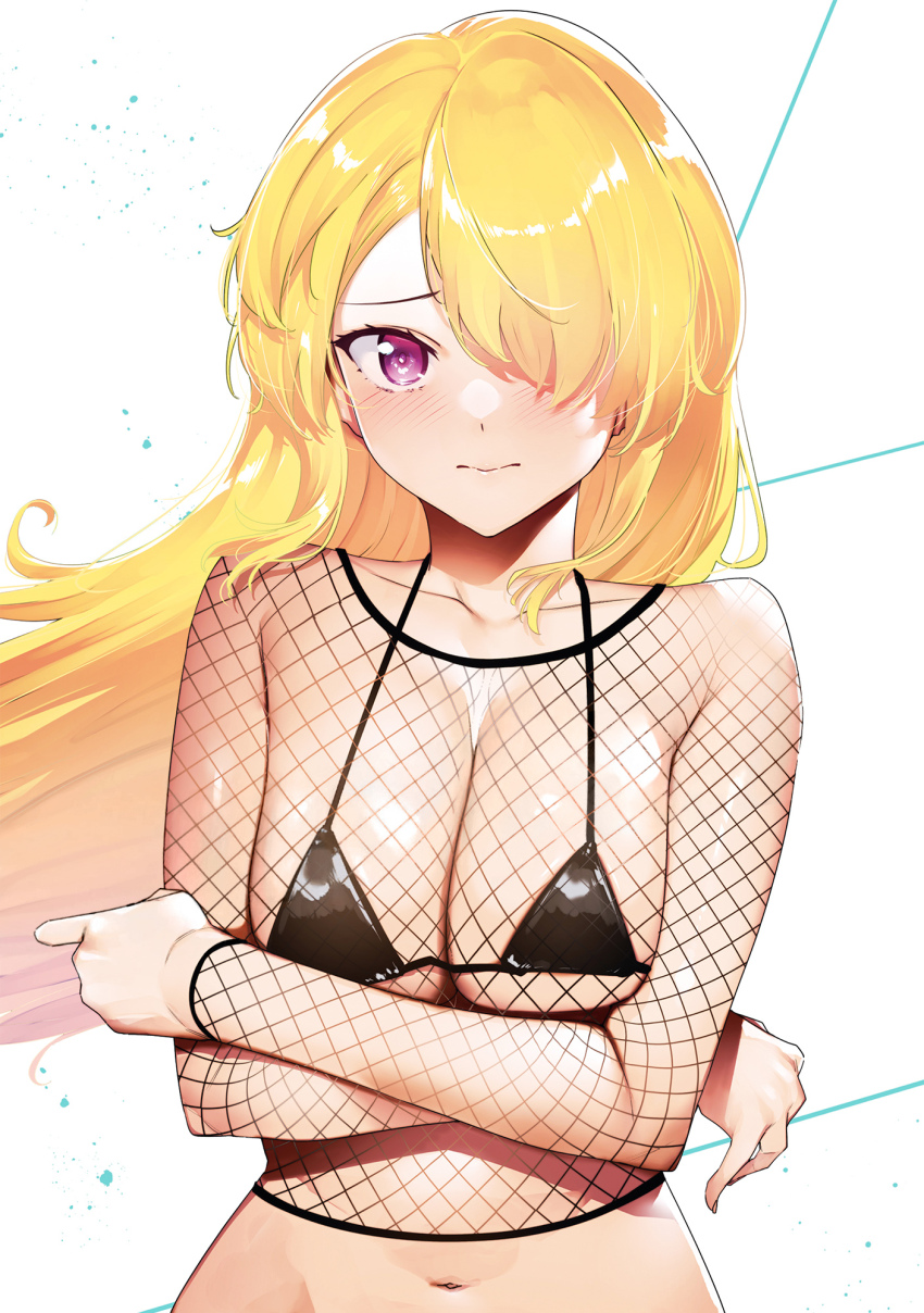 1girl arms_under_breasts bare_arms bare_shoulders bikini blonde_hair breasts breasts_squeezed_together cleaned cleavage closed_mouth cover cover_page crossed_arms destiny_lovers fishnet_top fishnets floating_hair hair_over_one_eye highres light_blush long_hair manga_cover medium_breasts micro_bikini mikoshiba_miyako navel official_art paint_splatter pink_eyes raised_inner_eyebrows simple_background solo string_bikini swimsuit third-party_edit third-party_source tomohiro_kai white_background