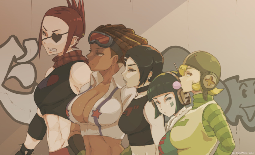 5girls bis_(jsr) black_hair blonde_hair blowing_bubble_gum blowing_bubbles breasts brown_hair chewing_gum cleavage clenched_teeth cube_(jsr) dark-skinned_female dark_skin eyepatch fur_collar goggles goggles_on_head graffiti gum_(jsr) headphones jet_set_radio large_breasts love_shockers medium_breasts midriff multiple_girls navel piranha_(jsr) red_hair sega short_hair teeth tyrone y2k_fashion