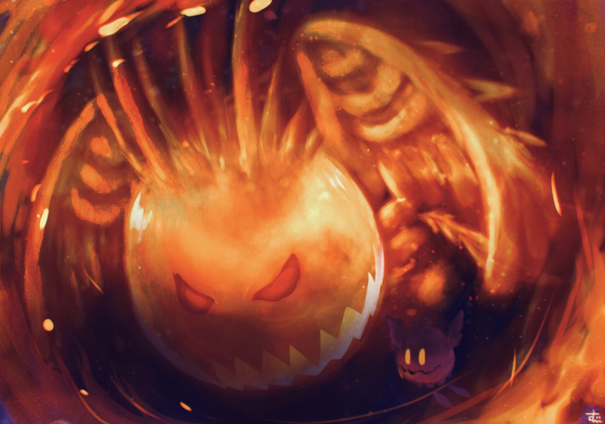blue_background commentary_request doomer_(kirby) embers fire grand_doomer highres kirby&#039;s_return_to_dream_land kirby_(series) light_particles nintendo no_humans open_mouth pyrokinesis red_eyes signature solid_oval_eyes sphere_doomer suyasuyabi v-shaped_eyes yellow_eyes