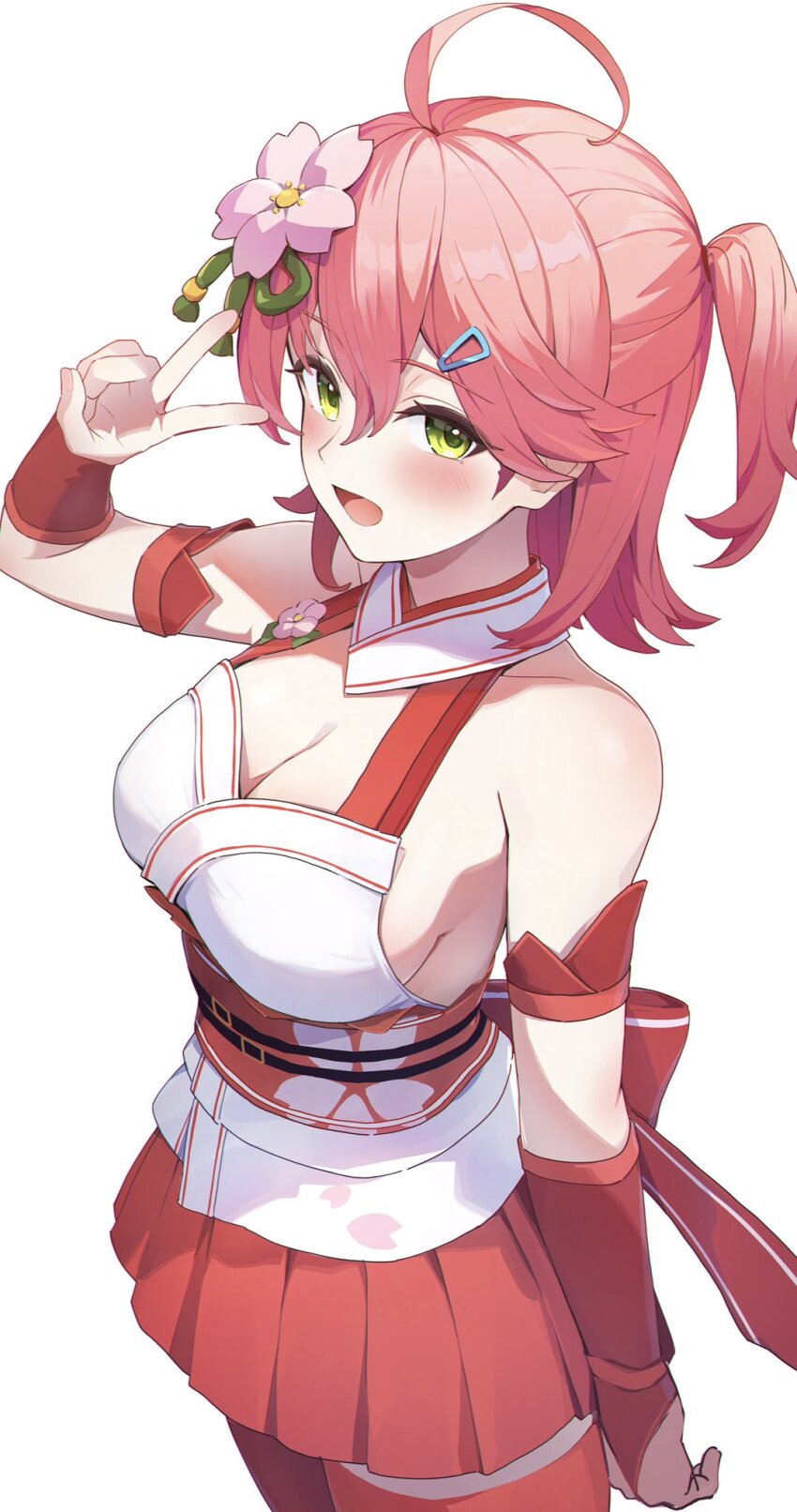 1girl :d ahoge breasts bridal_gauntlets cherry_blossom_print cleavage cleavage_cutout clothing_cutout double-parted_bangs floral_print flower gloves green_eyes hair_between_eyes hair_flower hair_ornament hairclip hashtag-only_commentary highres hololive japanese_clothes kimono large_breasts looking_at_viewer mimihachi miniskirt obi one_side_up open_mouth pink_hair pleated_skirt red_skirt red_thighhighs sakura_miko sakura_miko_(old_design) sash short_hair simple_background single_bracer single_glove skirt smile solo thighhighs v virtual_youtuber white_background white_kimono
