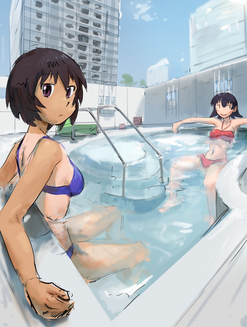 2girls absurdres azumanga_daiou day highres kagura_(azumanga_daioh) liamickpie looking_at_viewer multiple_girls pool sitting spa stairs swimsuit takino_tomo tan water