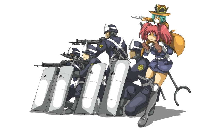 2girls 4boys bad_id bad_pixiv_id ballistic_shield blue_eyes cosplay green_eyes green_hair gun h&amp;k_mp5 hat heckler_&amp;_koch highres jitte junkei lupin_iii multiple_boys multiple_girls onozuka_komachi police red_hair riot_shield shield shiki_eiki short_hair submachine_gun tms_entertainment touhou twintails two_side_up weapon zenigata_kouichi zenigata_kouichi_(cosplay)