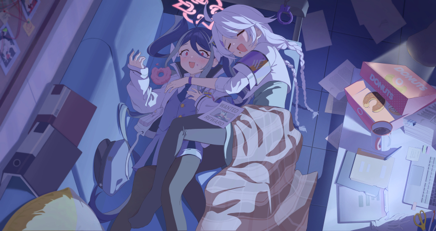 2girls :d absurdres ahoge akemi_(blue_archive) antenna_hair armband black_pantyhose blanket blue_archive blue_armband blue_hair blue_necktie blue_skirt blue_vest blush braid closed_eyes commentary cuffs cup donut drooling food fubuki_(blue_archive) gloves grey_hair halo handcuffs highres jacket kirino_(blue_archive) long_hair long_sleeves lying miniskirt mouth_drool multicolored_hair multiple_girls necktie on_back on_side open_clothes open_jacket open_mouth pantyhose pink_halo professor_niyaniya_(blue_archive) purple_armband red_eyes same_(samefgo) shirt skirt sleeping sleeping_on_person sleeves_past_wrists smile streaked_hair twin_braids unworn_gloves vest wakamo_(blue_archive) wanted_poster white_gloves white_hair white_jacket white_shirt wide-eyed