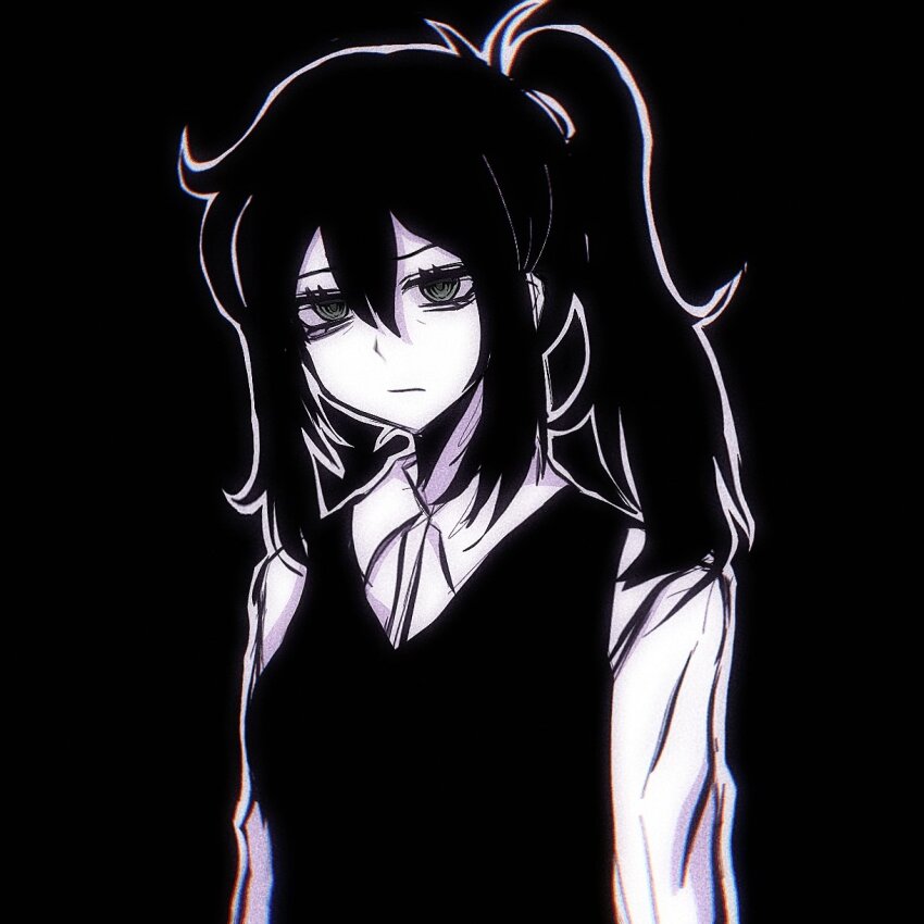 1girl aegyo_sal anmo418 annoyed antenna_hair arms_at_sides black_background breasts chinese_commentary chromatic_aberration closed_mouth collared_shirt commentary_request cowlick double-parted_bangs empty_eyes film_grain frown green_eyes greyscale hair_between_eyes hair_tie high_contrast high_ponytail highres long_hair long_sleeves looking_at_viewer monochrome ponytail renee_graves ringed_eyes shirt sidelocks simple_background small_breasts solo spot_color sweater_vest the_coffin_of_andy_and_leyley upper_body