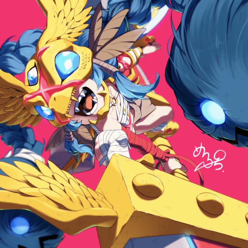 1girl :d akeru bandaged_arm bandaged_leg bandages blue_hair braid brown_cape budget_sarashi cape collarbone digimon digimon_(creature) fangs feathers flat_chest from_below full_body highres holding holding_shield holding_sword holding_weapon huge_weapon living_hair long_hair looking_at_viewer maplo midriff minervamon minervamon_x-antibody o-ring o-ring_top open_mouth petite pink_background sarashi shield shoes sidelocks signature simple_background smile snake_mask sword third_eye tongue twin_braids very_long_hair waist_cape weapon yellow_shoes