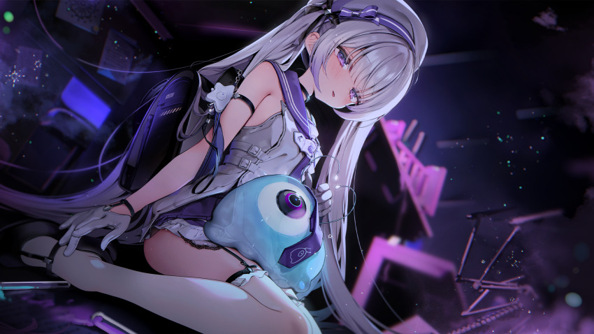 1girl black_shoes blurry first_stage_production garter_straps gloves glowing grey_hair highres long_hair official_art purple_eyes purple_sailor_collar purple_skirt ruunell_genius sailor_collar shirt shoes skirt sleeveless sleeveless_shirt solo thighhighs twintails virtual_youtuber white_gloves white_shirt white_thighhighs yunmi_0527