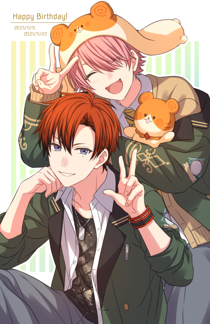 2boys animal_hat border bracelet closed_mouth commentary_request cowboy_shot dated dog_tags gradient_background green_background green_jacket grey_eyes grey_pants hair_over_one_eye happy_birthday hat head_rest highres holding holding_stuffed_toy jacket jewelry kagaya_ren kanmuri_ranma looking_at_viewer multiple_boys necktie on_air! one_eye_closed open_clothes open_mouth open_shirt pants pink_hair red_hair sekina shirt smile striped_background striped_necktie stuffed_hamster stuffed_toy undershirt v white_shirt yellow_background yellow_necktie
