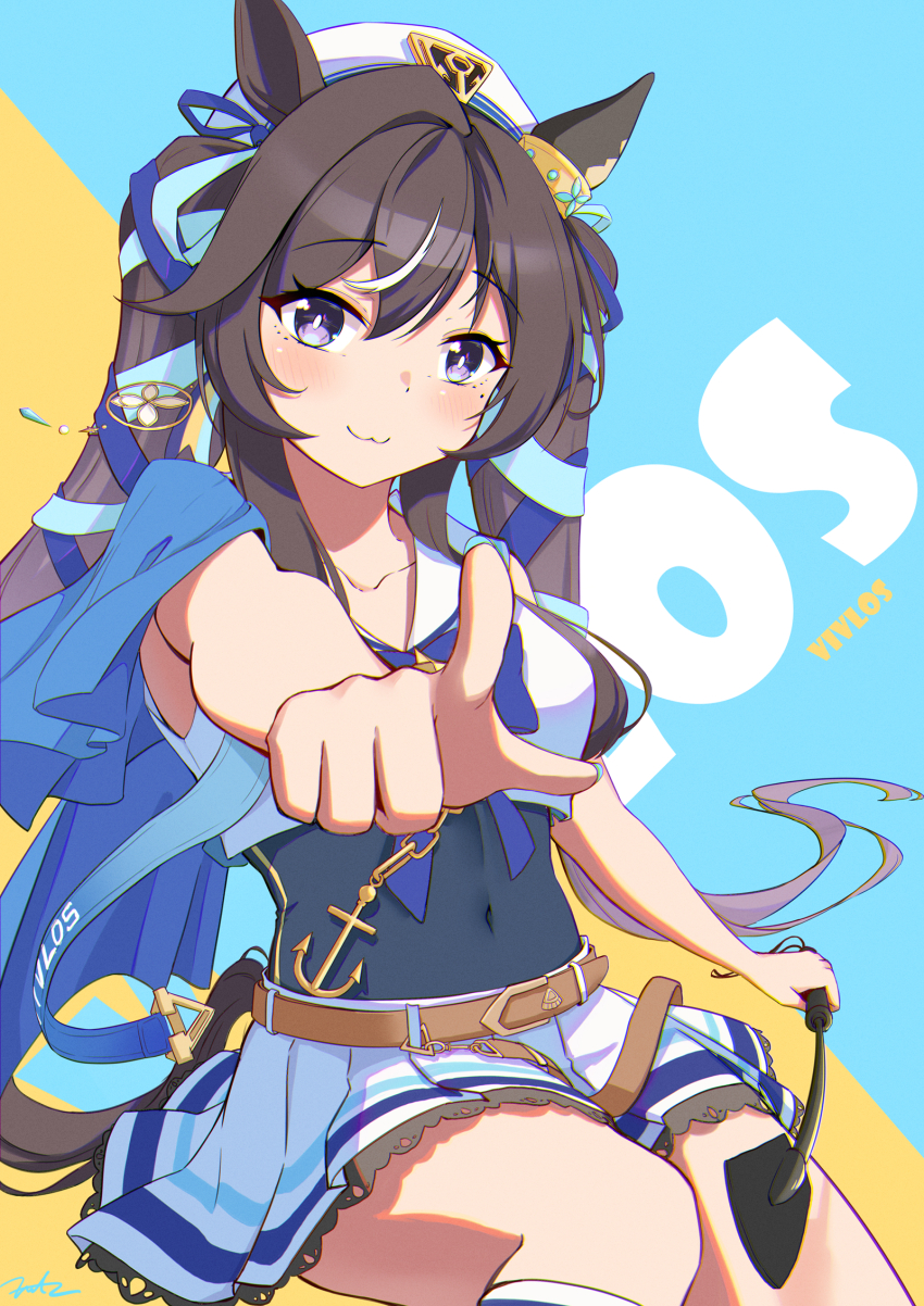 1girl :3 animal_ears belt blue_background blue_cape blue_eyes blue_ribbon blush brown_belt brown_hair cape commentary covered_navel ear_covers english_commentary fritz614 hair_between_eyes hair_ribbon highres holding holding_riding_crop horse_ears horse_girl long_hair looking_at_viewer midriff mixed-language_commentary mole mole_under_eye multicolored_hair navel pointing pointing_at_viewer purple_eyes ribbon riding_crop sailor_collar sailor_shirt shirt simple_background single_ear_cover sitting skirt sleeveless sleeveless_shirt solo streaked_hair twintails two-tone_background umamusume vivlos_(umamusume) white_headwear white_skirt yellow_background