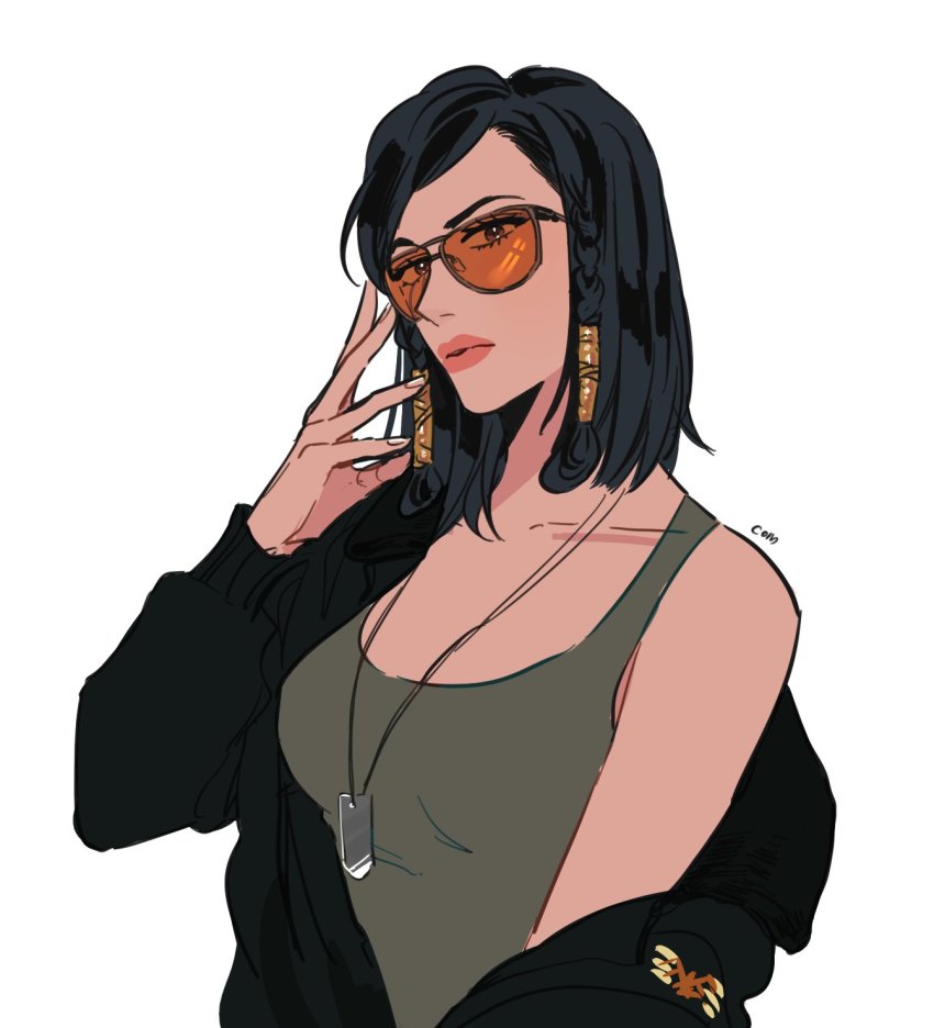 1girl adjusting_eyewear artist_name bare_shoulders black_hair black_jacket braid breasts brown_eyes casual collarbone com_(com0107) com_0107 dark-skinned_female dark_skin dog_tags emblem eye_of_horus eyelashes facial_mark facial_tattoo female_focus glasses hair_tubes hand_on_eyewear hand_to_head highres jacket large_breasts lipstick makeup off_shoulder open_clothes open_jacket overwatch overwatch_1 pharah_(overwatch) short_hair side_braids sidelocks simple_background solo sunglasses tank_top tattoo upper_body white_background