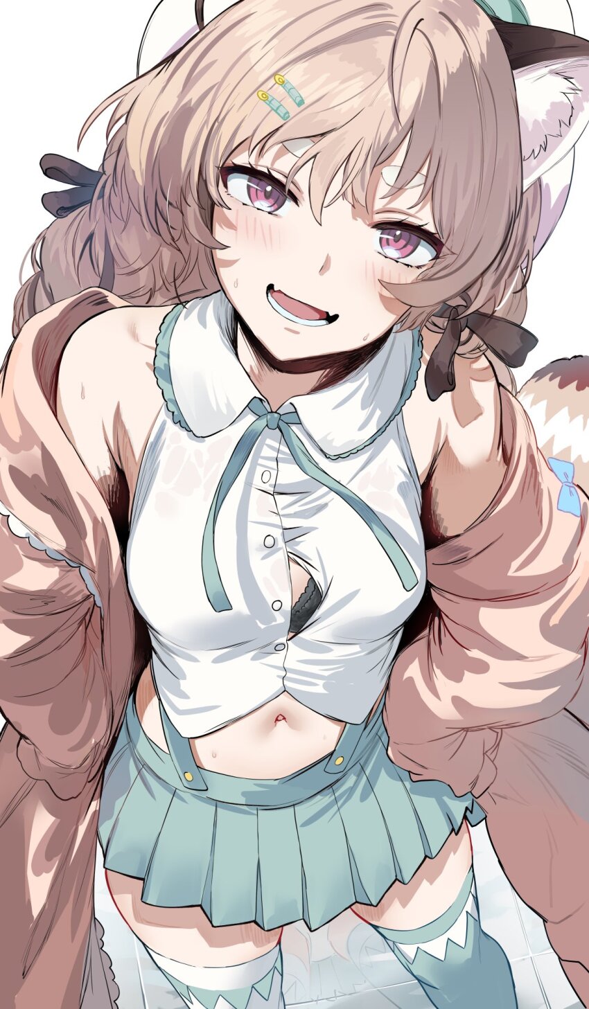 1girl animal_ear_fluff animal_ears bare_shoulders black_bra blush bra breasts brown_hair fang from_above green_skirt hair_ornament hairclip hews highres komachi_panko long_hair long_sleeves looking_at_viewer looking_up medium_breasts miniskirt navel open_mouth parallel_hairclips phase_connect pleated_skirt purple_eyes simple_background skin_fang skirt smile solo thighhighs thighs underwear virtual_youtuber white_background