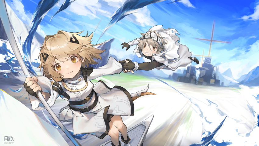 1boy 1girl alchemy_stars black_gloves blonde_hair boots building closed_mouth cloud cross dated day fingerless_gloves gloves grey_hair hair_ornament headband highres holding holding_hands light_brown_hair looking_at_viewer navigator_(alchemy_stars) orange_eyes outdoors short_hair signature sky tsukibara vice_(alchemy_stars)