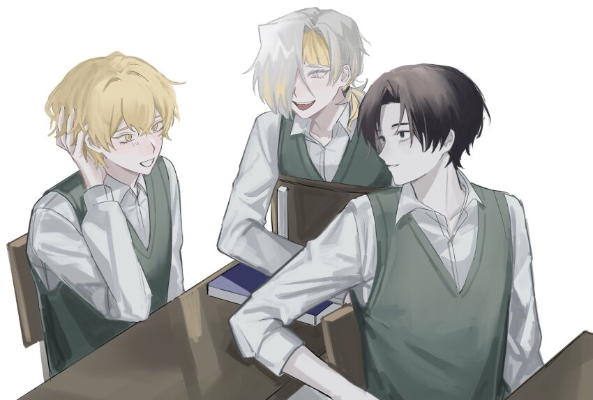 1girl 2boys black_eyes black_hair blonde_hair blush book chair collarbone collared_shirt demian_(project_moon) desk empty_eyes fangs from_behind green_vest grey_hair hair_between_eyes hair_ornament hair_over_one_eye hand_up highres kromer_(project_moon) limbus_company long_hair long_sleeves looking_at_another looking_back low_ponytail multicolored_hair multiple_boys on_chair open_mouth pale_skin ponytail project_moon puffy_long_sleeves puffy_sleeves school_desk school_uniform shirt short_hair simple_background sinclair_(project_moon) sitting smile teeth two-tone_hair vest white_background white_shirt xvvx257 yellow_eyes