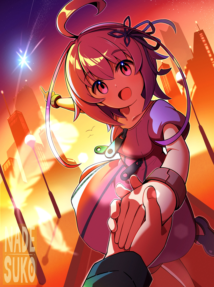 1boy 1girl :d absurdres ahoge antenna_hair azure_striker_gunvolt azure_striker_gunvolt_1 bird building collarbone commentary feathers gunvolt hair_ornament highres holding_hands joule_(gunvolt) lamppost leg_up medium_hair nadesukos open_mouth pointing pointing_up pov purple_hair red_eyes shooting_star signature skyscraper smile solo_focus sunset zipper_pull_tab