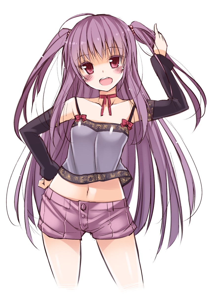 1girl ahoge blush choker detached_sleeves eighth female_focus hand_on_own_hip highres long_hair looking_at_viewer midriff navel ohta_yuichi open_mouth purple_eyes purple_hair shinjou_hikaru shorts simple_background smile solo twintails two_side_up white_background
