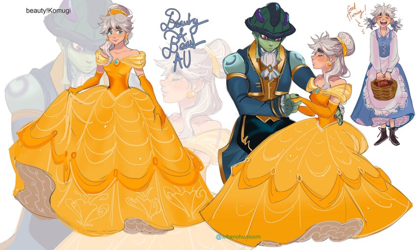 1boy 1girl arthropod_boy bare_shoulders basket beast_(disney) beast_(disney)_(cosplay) beauty_and_the_beast_(disney) belle_(disney) belle_(disney)_(cosplay) blind blue_coat blue_eyes closed_eyes coat colored_skin cosplay dress earrings elbow_gloves fewer_digits french-unicorn gloves green_skin grey_hair highres hunter_x_hunter jewelry komugi_(hunter_x_hunter) long_earlobes long_hair long_sleeves meruem multiple_views off_shoulder open_mouth orange_gloves smile white_background yellow_dress