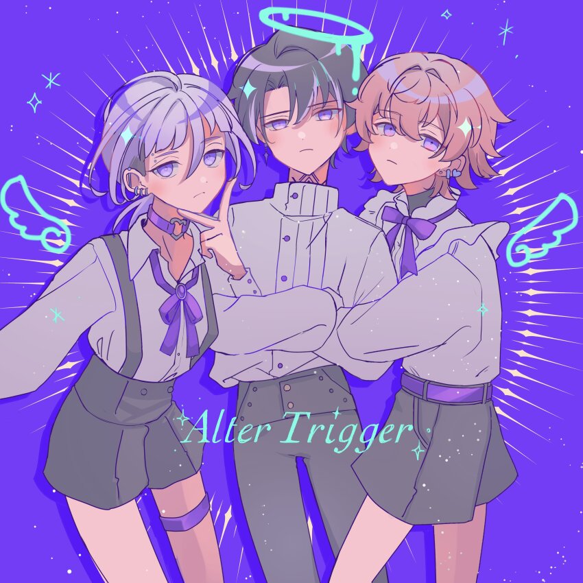 3boys absurdres arm_hug black_hair choker closed_mouth drawn_wings expressionless frown grey_hair grey_shirt grey_shorts halo highres itsuki_(paradox_live) long_sleeves low_ponytail male_focus medium_hair melting_halo miya_(38magical) multiple_boys natsume_ryu neck_ribbon open_mouth paradox_live pink_hair ponytail purple_background purple_eyes purple_hair purple_ribbon ribbon rokuta_(paradox_live) shirt short_hair shorts simple_background white_hair
