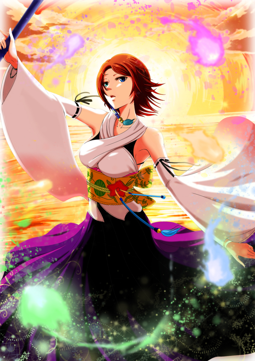 00s 1girl brown_hair detached_sleeves female_focus final_fantasy final_fantasy_x highres japanese_clothes jewelry mice_(sake_nomitai) micesakenomitai necklace short_hair solo staff weapon yuna yuna_(ff10)