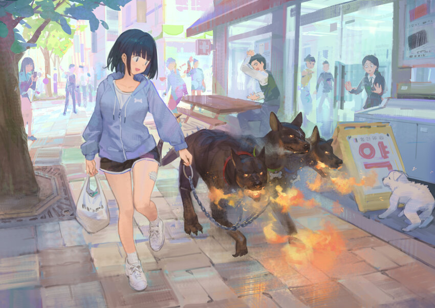 1girl :d absurdres bag black_hair black_shorts blue_eyes blue_jacket bob_cut breath_weapon breathing_fire cerberus commentary_request ddal dog fire gauze highres holding holding_bag jacket korean_commentary looking_at_animal open_mouth original outdoors partially_open_jacket people shirt shoes short_shorts shorts smile sneakers socks solo surprised tree walking white_bag white_shirt white_shoes white_sneakers white_socks