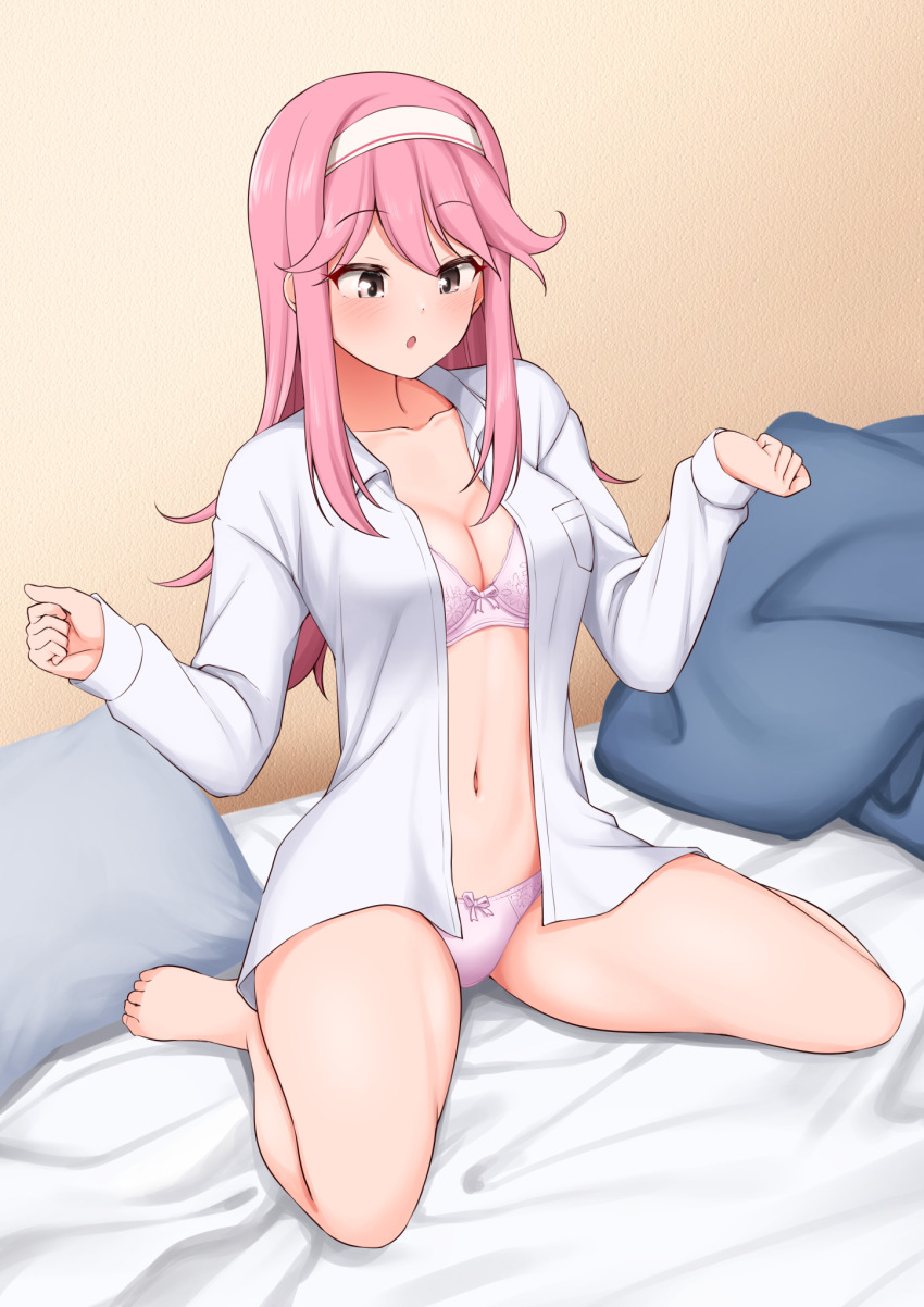 1girl :o barefoot bed bow bow_bra bow_panties bra breasts cleavage collared_shirt commission dream_c_club dream_c_club_(series) dream_c_club_gogo. dress_shirt hair_between_eyes hairband highres hisakabe_oto large_breasts long_hair long_sleeves looking_down navel noko_(dream_c_club_gogo.) open_clothes open_mouth open_shirt panties pillow pink_bra pink_eyes pink_hair pink_panties shirt sitting skeb_commission sleeves_past_wrists solo stomach underwear wariza white_hairband white_shirt wing_collar