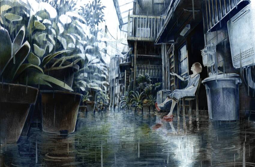 1girl air_conditioner architecture brown_hair chair colored_pencil_(medium) dress east_asian_architecture flower highres house looking_up millipen_(medium) muted_color nekojarashi_(yuuga) original outdoors outstretched_hand pen_(medium) plant potted_plant profile railing rain ripples scenery short_hair sitting slice_of_life slippers solo traditional_media trash_can water