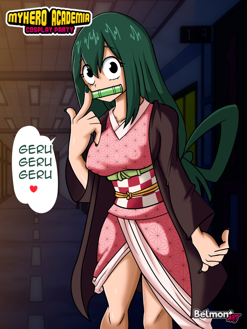 1girl absurdres asui_tsuyu bamboo belmont_art boku_no_hero_academia breasts cosplay green_hair highres japanese_clothes kamado_nezuko_(cosplay) kimetsu_no_yaiba kimono pink_kimono