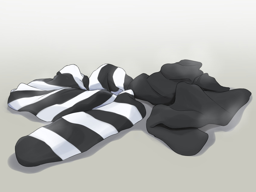 asymmetrical_legwear black_thighhighs commentary_request grey_background highres jashin-chan_dropkick minos_(jashin-chan_dropkick) no_humans object_focus shadow shadow_(modeler3622) simple_background steaming_clothes still_life striped_clothes striped_thighhighs tagme thighhighs unworn_thighhighs white_thighhighs
