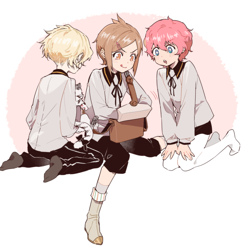 3boys :q absurdres akita_toushirou bag blonde_hair blue_eyes bookbag brown_eyes brown_hair calico cat gokotai gym_pants hair_ornament hairclip highres houchou_toushirou kneeling pantyhose_under_shorts licking_lips male_focus multiple_boys no_shoes pantyhose pink_hair short_sword shorts sparkling_eyes sword tantou tongue tongue_out touken_ranbu weapon white_legwear yway1101