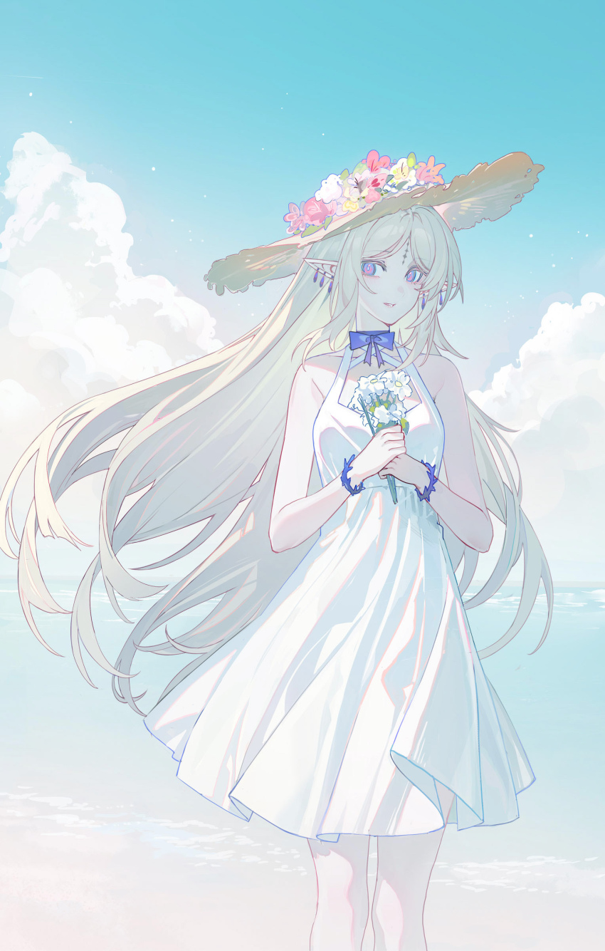 1girl absurdres alternate_costume bare_shoulders blonde_hair blue_eyes blue_sky breasts cartethyia_(wuthering_waves) chinese_commentary cloud cloudy_sky commentary_request cowboy_shot day dress earrings echj flower hat hat_flower highres holding holding_flower jewelry long_hair looking_at_viewer medium_breasts ocean outdoors parted_lips pointy_ears shore sidelocks sky solo straw_hat tacet_mark_(wuthering_waves) very_long_hair white_dress wuthering_waves