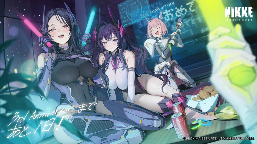 &gt;_&lt; 3girls armor armored_boots black_bodysuit blue_eyes bodysuit boots breasts can chicken_(food) closed_eyes closed_mouth dress drink_can emyo food fried_chicken gloves glowstick goddess_of_victory:_nikke harran_(nikke) highres holding holding_glowstick holographic_interface isabel_(nikke) kneeling large_breasts leotard long_hair looking_at_viewer medium_hair multiple_girls navel night night_sky noah_(nikke) official_art open_mouth outdoors pink_hair purple_boots purple_eyes purple_gloves purple_hair second-party_source sitting sky smile soda_can star_(sky) starry_sky teeth tongue upper_teeth_only