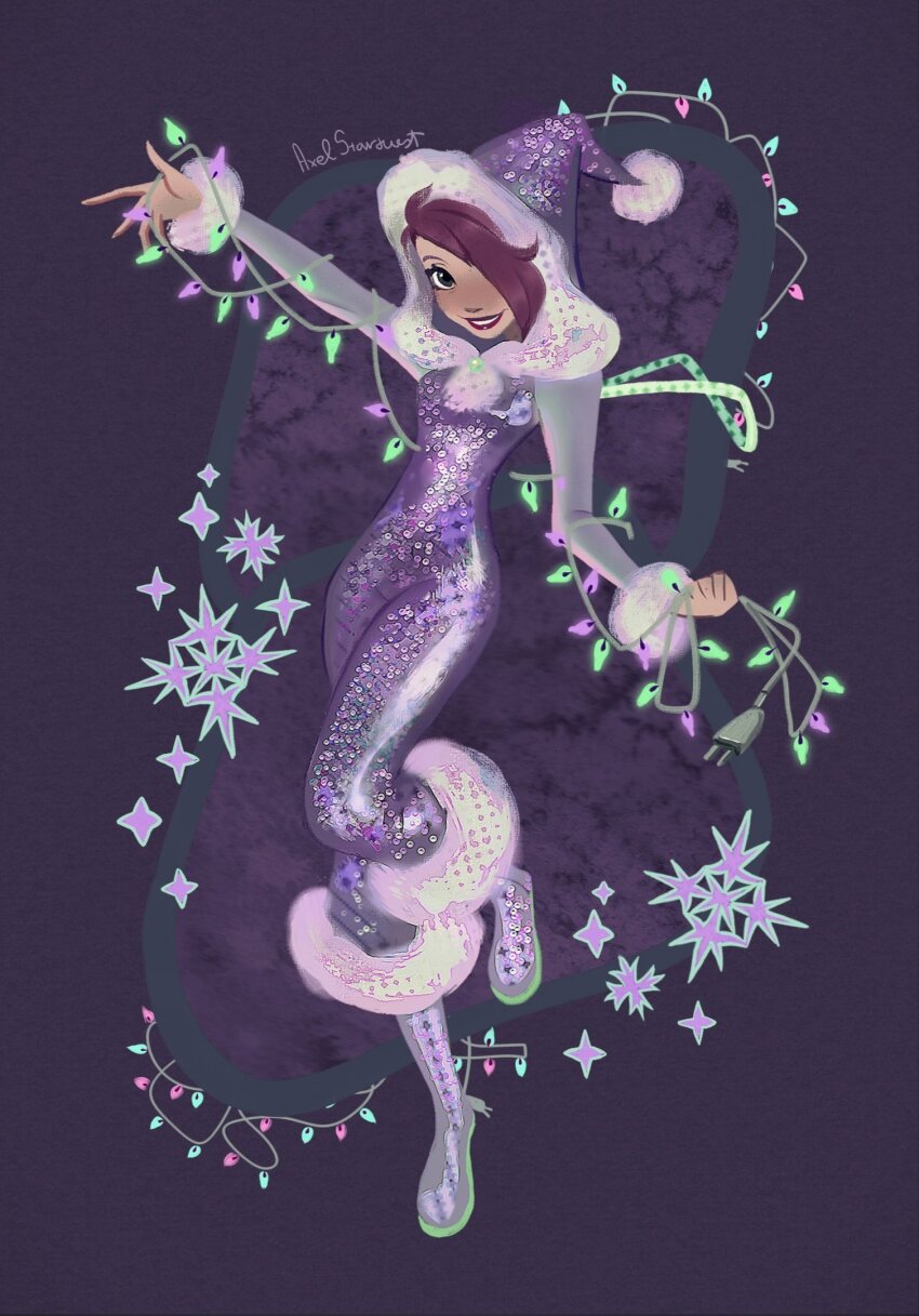 1girl adapted_costume asymmetrical_bangs boots christmas christmas_lights commentary detached_sleeves eyelashes fairy full_body fur-trimmed_jumpsuit fur-trimmed_sleeves fur_trim green_wings grey_boots grey_eyes grey_sleeves hair_over_one_eye happy hat highres holding hood hood_up hooded_jacket jacket jumpsuit knee_boots light_blush lipstick long_sleeves magical_girl makeup open_mouth outstretched_arm pink_hair pom_pom_(clothes) purple_background purple_jumpsuit red_lips santa_hat short_hair signature sleeveless_jumpsuit smile snowflakes solo sparkle stardust_axel symbol-only_commentary tecna_(winx_club) teeth wings winx_club