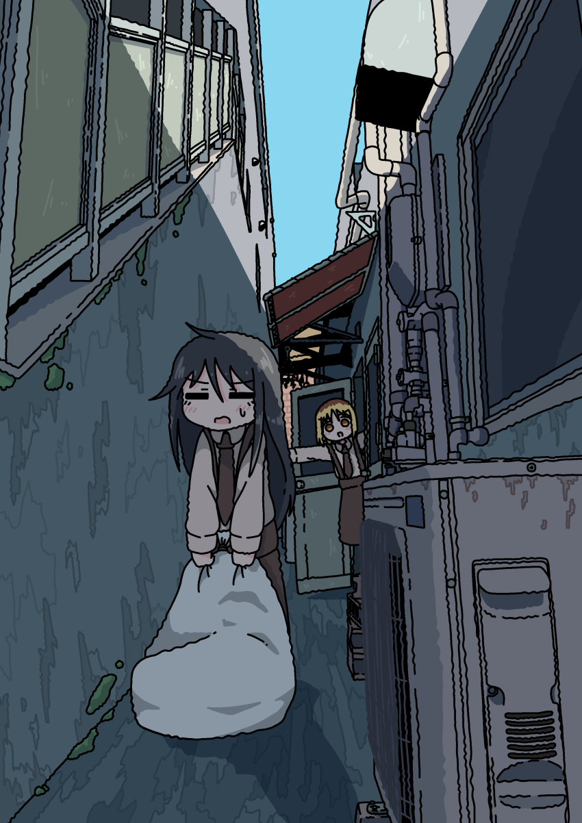 2girls =_= absurdres alley apron black_hair blonde_hair brown_apron brown_necktie building day emesan_desu highres long_hair long_sleeves multiple_girls necktie open_mouth original outdoors trash_bag