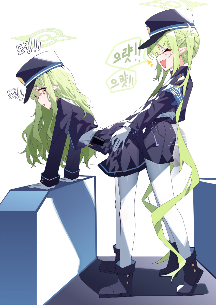 2girls absurdres armband bent_over black_boots black_jacket black_shorts black_skirt blue_archive blue_armband boots dry_humping from_side gloves green_hair green_halo halo hat highres hikari_(blue_archive) humping incest its2h35 jacket long_hair long_sleeves looking_back multiple_girls nozomi_(blue_archive) open_mouth pantyhose parted_lips peaked_cap pointy_ears shorts siblings sisters skirt smile speech_bubble standing tiptoes twintails very_long_hair white_gloves white_pantyhose yellow_eyes yuri