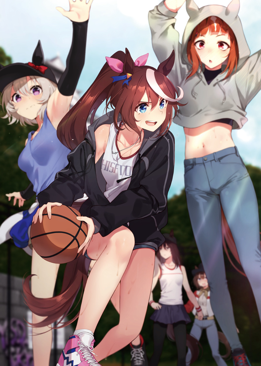 5girls absurdres alternate_costume animal_ears ball bare_shoulders baseball_cap basketball black_hair black_jacket black_pantyhose black_skirt blue_eyes blurry bow brown_hair character_request cropped_sweater curren_chan_(umamusume) denim depth_of_field ear_covers ear_ribbon ears_through_headwear grey_hair grey_sweater hair_between_eyes hair_ribbon hat high_ponytail highres holding holding_ball hood hooded_sweater hoodie horse_ears horse_girl horse_tail jacket jeans long_hair long_sleeves looking_at_viewer looking_to_the_side midriff motsunabe_(mo2nap3) multicolored_hair multiple_girls navel outdoors pants pantyhose pink_ribbon pink_shoes ponytail purple_eyes red_eyes ribbon shoes short_hair skirt sneakers streaked_hair sweater tail tank_top tokai_teio_(umamusume) transcend_(umamusume) two-tone_hair umamusume white_hair