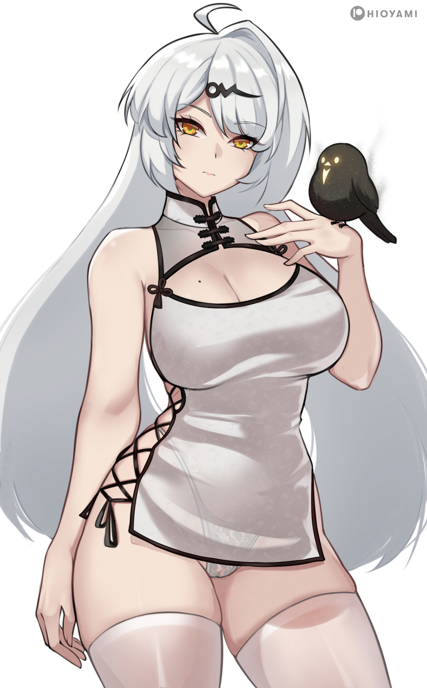 1girl absurdres alternate_costume arm_at_side bird breasts cameltoe china_dress chinese_clothes closed_mouth clothing_cutout commentary cowboy_shot dress english_commentary hand_up highres hioyami large_breasts long_hair looking_at_viewer mole mole_on_breast paid_reward_available panties pussy see-through_clothes see-through_panties simple_background solo thighhighs underwear white_background white_dress white_hair white_thighhighs yellow_eyes yi_xuan_(zenless_zone_zero) zenless_zone_zero