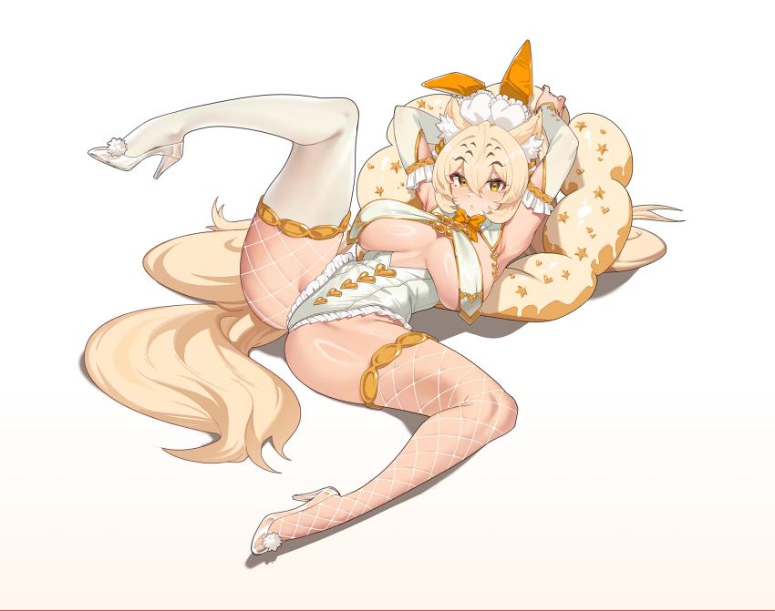 1girl animal_ear_fluff animal_ear_headwear animal_ears arm_behind_head arm_cutout arms_up asymmetrical_legwear blonde_hair bow bowtie breast_curtains breastless_clothes breastless_leotard breasts breasts_apart closed_mouth commentary_request detached_sleeves donut-shaped_pillow double-parted_bangs fake_animal_ears fishnet_thighhighs fishnets food-themed_pillow fox_ears fox_girl fox_tail hair_between_eyes high_heels highres large_breasts leg_up leotard long_bangs long_legs long_sleeves looking_at_viewer lying m_legs medium_hair official_art on_back on_pillow orange_bow orange_bowtie orange_trim original pom_pom_footwear shiny_skin shoes simple_background single_fishnet_legwear solo spread_legs tail thighhighs tsuchino_(tigersaber) white_background white_leotard white_shoes white_sleeves white_thighhighs yellow_eyes yellow_pillow
