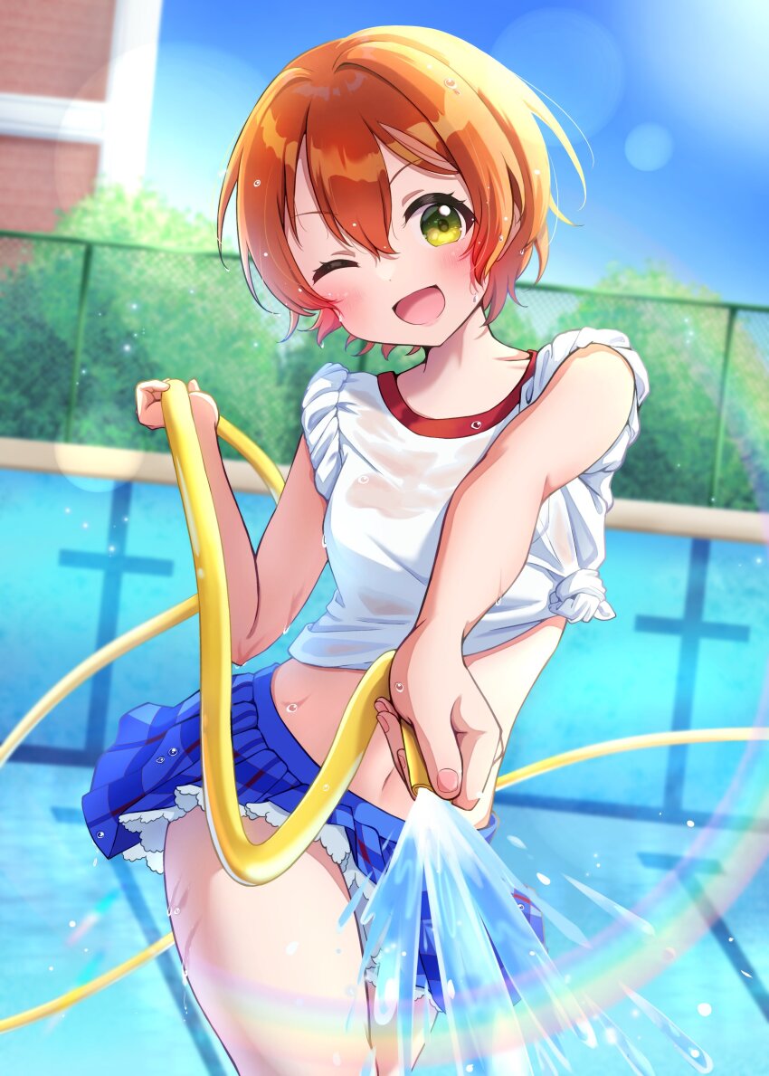 1girl ;d absurdres blue_sky blurry blush bokeh commentary_request cowboy_shot day depth_of_field dutch_angle empty_pool gym_shirt highres holding holding_hose hose hoshizora_rin looking_at_viewer love_live! love_live!_school_idol_project miniskirt navel one_eye_closed open_mouth orange_hair otonokizaka_school_uniform outdoors plaid_clothes plaid_skirt pleated_skirt pool ritaso school_uniform shirt short_hair skirt sky sleeves_rolled_up smile solo tied_shirt water white_shirt yellow_eyes