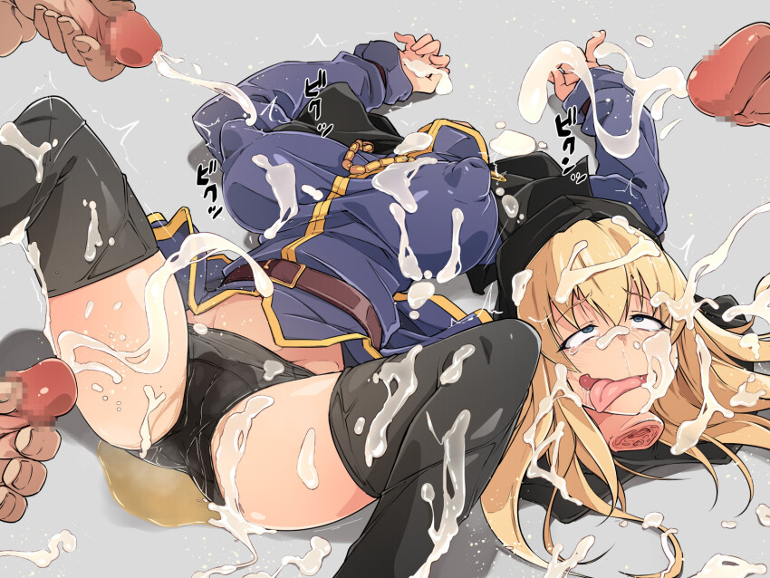 1girl black_panties black_thighhighs breasts bukkake covered_erect_nipples cum cum_on_body cum_on_clothes cum_on_hair cum_on_legs death decapitation ero_guro facial feet_out_of_frame goeniko guro habit highres huge_nipples jewelry large_breasts long_sleeves m_legs male_masturbation masturbation necklace no_pants panties peeing peeing_self penis severed_head spread_legs tearing_up the_king_of_fighters the_king_of_fighters_&#039;96 thighhighs tongue tongue_out uchiko_onigiri underwear
