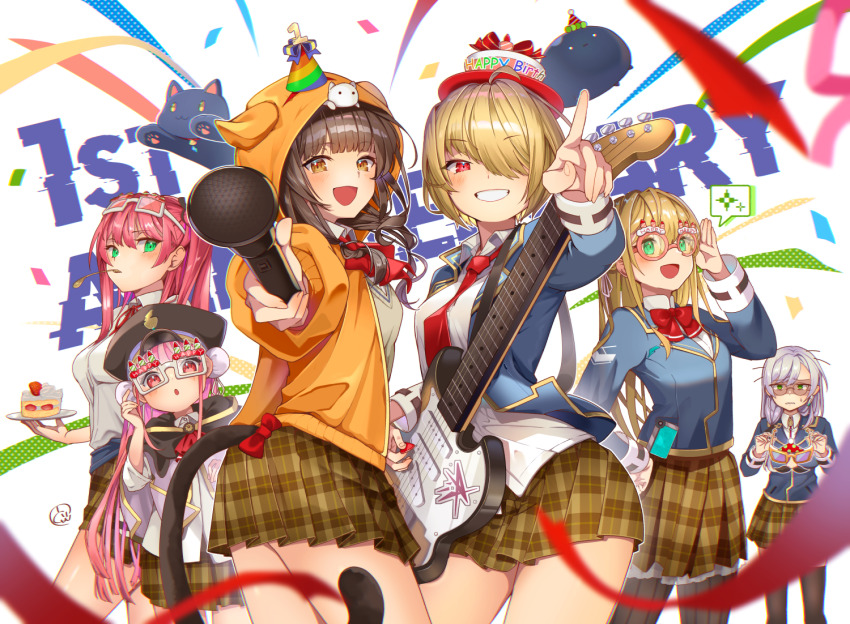 6+girls aikawa_megumi animal animal_ear_hood animal_ears animal_on_head asakura_karen_(heaven_burns_red) black_cat black_headwear black_pantyhose black_thighhighs blazer blonde_hair blue_jacket bow breasts brown_hair brown_skirt cake cat cat_tail chikuwa0u0 collared_shirt confetti eyewear_on_head fake_animal_ears food furrowed_brow glasses green_eyes groucho_glasses hair_over_one_eye hat heaven_burns_red holding holding_instrument holding_microphone holding_plate holding_plectrum hood hood_up hooded_jacket instrument izumi_yuki_(heaven_burns_red) jacket kayamori_ruka kunimi_tama long_hair long_sleeves looking_at_viewer low-tied_long_hair medium_breasts microphone multiple_girls narvy_(heaven_burns_red) necktie novelty_glasses on_head one_eye_covered open_mouth orange_jacket pantyhose party_hat pink_eyes pink_hair plaid_clothes plaid_skirt plate pleated_skirt plectrum pointing red_bow red_eyes red_necktie school_uniform shirt skirt strawberry_shortcake tail team_31a_(heaven_burns_red) thighhighs toujou_tsukasa turn_pale upper_body white_shirt yellow_eyes