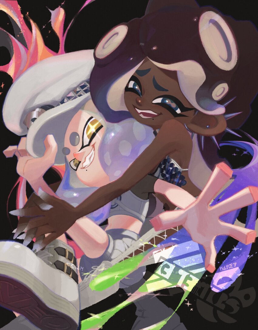 2girls adjusting_clothes adjusting_headwear aqua_eyes bikini bikini_top_only black_background blonde_hair boots brown_hair cephalopod_eyes crop_top cross-laced_slit dark-skinned_female dark_skin earrings fang furrowed_brow gradient_hair grey_bikini grin hat highres horizontal_pupils hug hug_from_behind inkling jewelry ka1_(k4k37) knee_boots long_hair looking_at_viewer marina_(grand_festival)_(splatoon) marina_(splatoon) medium_hair midriff mole mole_under_mouth multicolored_hair multiple_girls navel nintendo no_lineart octoling official_alternate_costume official_style open_mouth orange_eyes outstretched_arm pants parted_bangs peaked_cap pearl_(grand_festival)_(splatoon) pearl_(splatoon) pink_pupils purple_hair raglan_sleeves reaching reaching_towards_viewer revision see-through_clothes see-through_sleeves shirt shorts side_slit simple_background smile splatoon_(series) splatoon_3 star-shaped_pupils star_(symbol) stud_earrings suction_cups swimsuit symbol-shaped_pupils tentacle_hair thick_eyebrows two-tone_hair very_dark_skin white_footwear white_pants white_shirt white_shorts yellow_pupils
