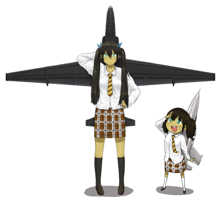 2girls aircraft airplane anyan_(jooho) bandaid black_hair f-104 f-104_(flight_highschool) flight_highschool full_body green_eyes hand_on_own_hip highres jet kneehighs long_hair looking_at_viewer mecha_musume military military_vehicle multiple_girls original personification reconnaissance_aircraft salute school_uniform shadow simple_background socks twintails u-2 u-2_(flight_highschool) vehicle white_background