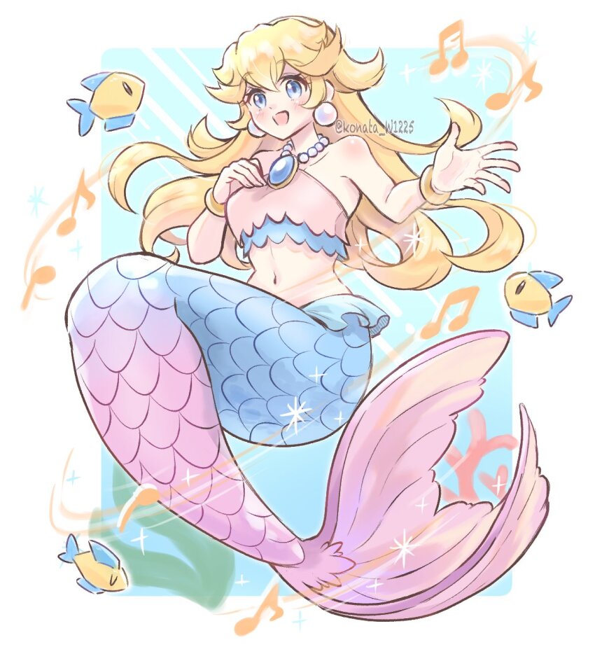 1girl bare_shoulders bikini bikini_top_only blonde_hair blue_background blue_eyes blue_gemstone blue_scales blue_tail border bracelet commentary_request coral earrings eyelashes fish full_body gem gold_bracelet gradient_tail hand_on_own_chest highres jewelry konata_w1225 long_hair looking_at_viewer mario_(series) mermaid mermaid_peach midriff monster_girl musical_note navel necklace nintendo open_mouth outside_border outstretched_arm pearl_earrings pearl_necklace pink_bikini pink_scales pink_tail princess_peach princess_peach:_showtime! seaweed shoulder_blush sitting smile solo sparkle sphere_earrings swimsuit twitter_username underwater white_border