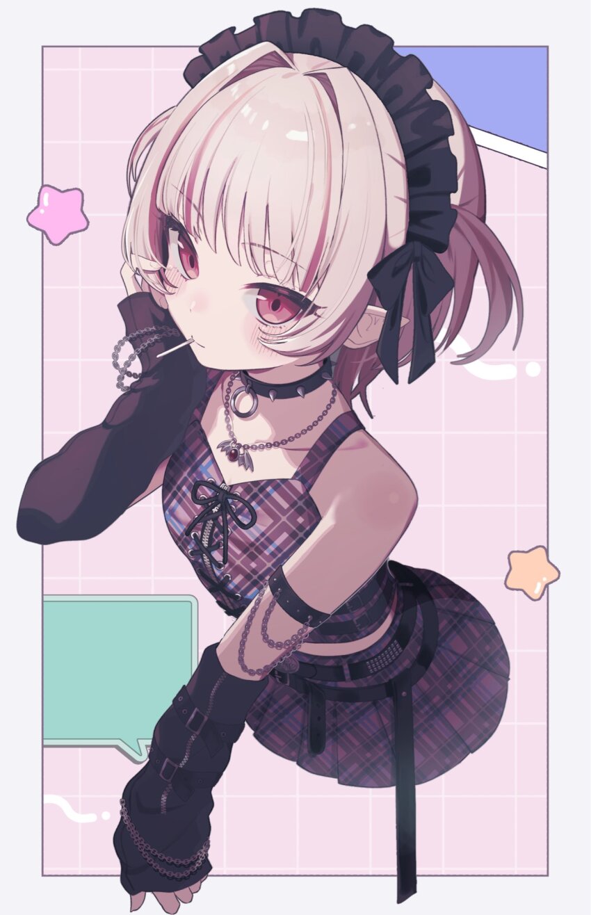 1girl arm_belt arm_strap bare_shoulders belt belt_buckle black_arm_warmers black_belt black_bow black_collar black_headdress black_straps blunt_bangs blush border bow buckle came_ushi chain chain_bracelet chain_necklace closed_mouth collar collarbone colored_inner_hair crop_top cropped_legs cross-laced_clothes cross-laced_top grey_hair grid_background hair_bow hair_intakes hand_on_own_cheek hand_on_own_face harness highres jewelry lollipop_in_mouth looking_at_viewer loose_belt maid_headdress makaino_ririmu makaino_ririmu_(6th_costume) midriff miniskirt multicolored_hair multiple_belts necklace nijisanji no_headwear no_jacket outside_border pendant pink_background pink_hair pink_skirt pink_streaks plaid_clothes plaid_skirt pleated_skirt pointy_ears red_eyes short_hair skirt sleeveless smile solo spiked_collar spikes star_(symbol) streaked_hair studded_belt two-tone_hair two_side_up virtual_youtuber white_border wolf_cut zipper_top