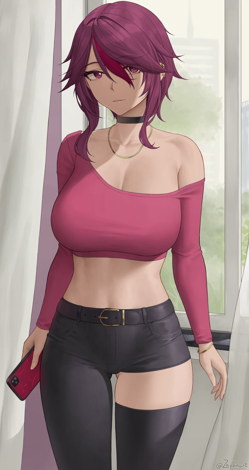 1girl absurdres asymmetrical_clothes asymmetrical_legwear bare_shoulders belt black_belt black_choker black_pants blush breasts casual cellphone choker cleavage collarbone contemporary crop_top curtains genshin_impact gluteal_fold hair_between_eyes high-waist_pants highres holding holding_phone jewelry large_breasts long_hair long_sleeves looking_at_viewer midriff multicolored_hair necklace pants parted_lips phone purple_eyes purple_hair purple_shirt red_hair rosaria_(genshin_impact) shirt sidelocks single_pantsleg single_thighhigh smartphone smile solo streaked_hair thighhighs thighs zaphn