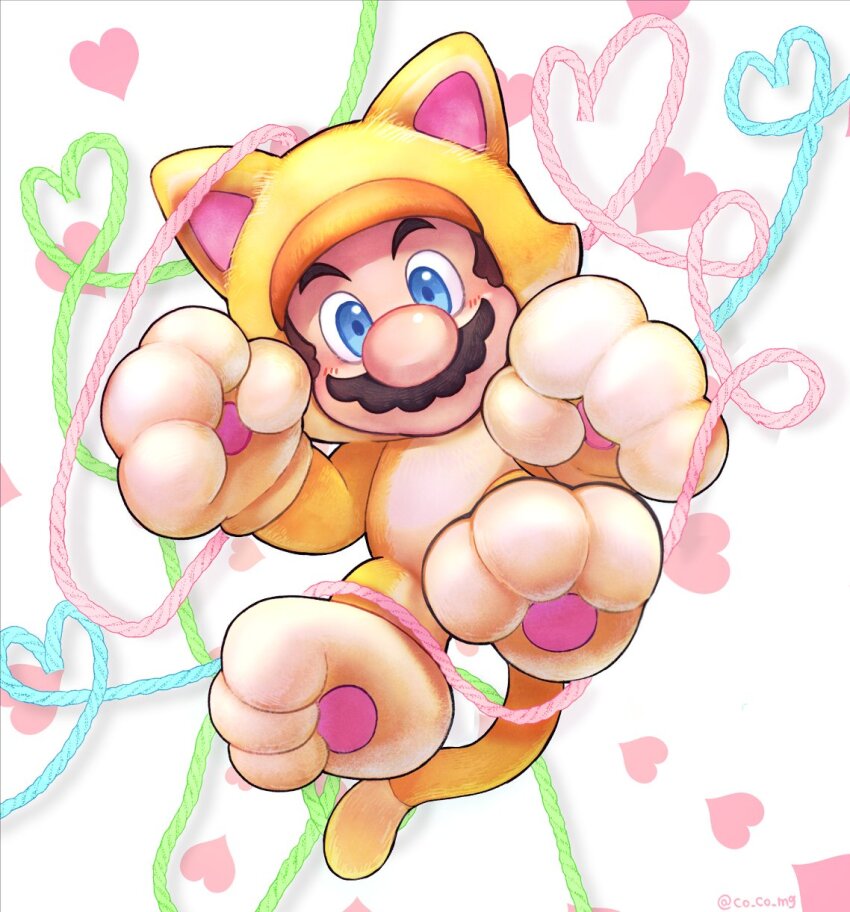 1boy animal_hands blue_eyes cat_mario cat_paws co_co_mg facial_hair heart highres looking_at_viewer mario mario_(series) mustache nintendo simple_background super_bell_(transformation) super_mario_3d_world yarn