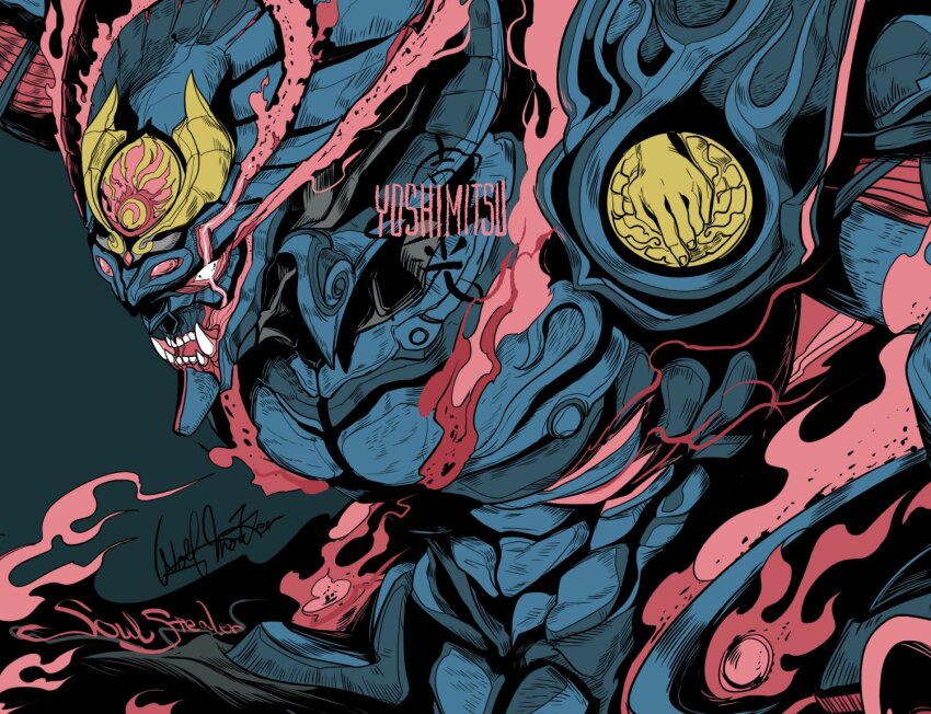 armor blue_armor character_name commentary commentary_request english_text fire glowing glowing_eyes green_background helmet japanese_armor kabuto_(helmet) mechabare ninja official_art open_mouth samurai sharp_teeth shoulder_armor signature solo teeth tekken tekken_8 tusks wolfmaker yoshimitsu_(namco)