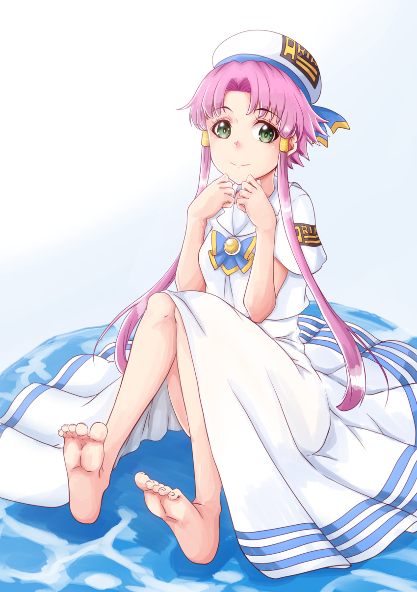 1girl aria_(manga) aria_company_uniform barefoot beret blue_background blue_bow blue_bowtie blue_ribbon blush bow bowtie breasts closed_mouth dress feet full_body gold_trim gradient_background green_eyes hair_tubes hands_up hat hat_ribbon highres knees_together_feet_apart knees_up long_dress looking_at_viewer mizunashi_akari mono9ron parted_bangs pink_hair ribbon sailor_collar short_hair_with_long_locks short_sleeves side_slit sitting small_breasts smile soles solo toenails toes water white_background white_dress white_hat